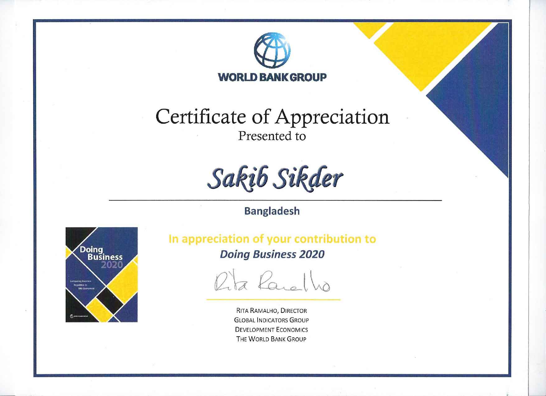 World Bank appreciation certificate